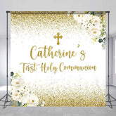 Aperturee - Aperturee Gold Glitter First Holy Communion Custom Name Backdrop
